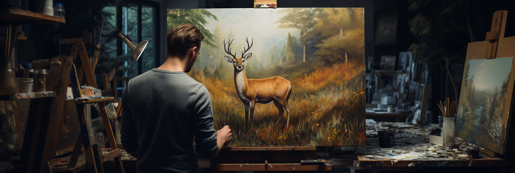 Artist Painting a Stag in a Forest Glade